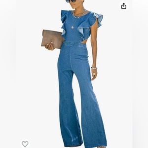 Women’s denim flare-leg, backless, ruffle jumpsuit.